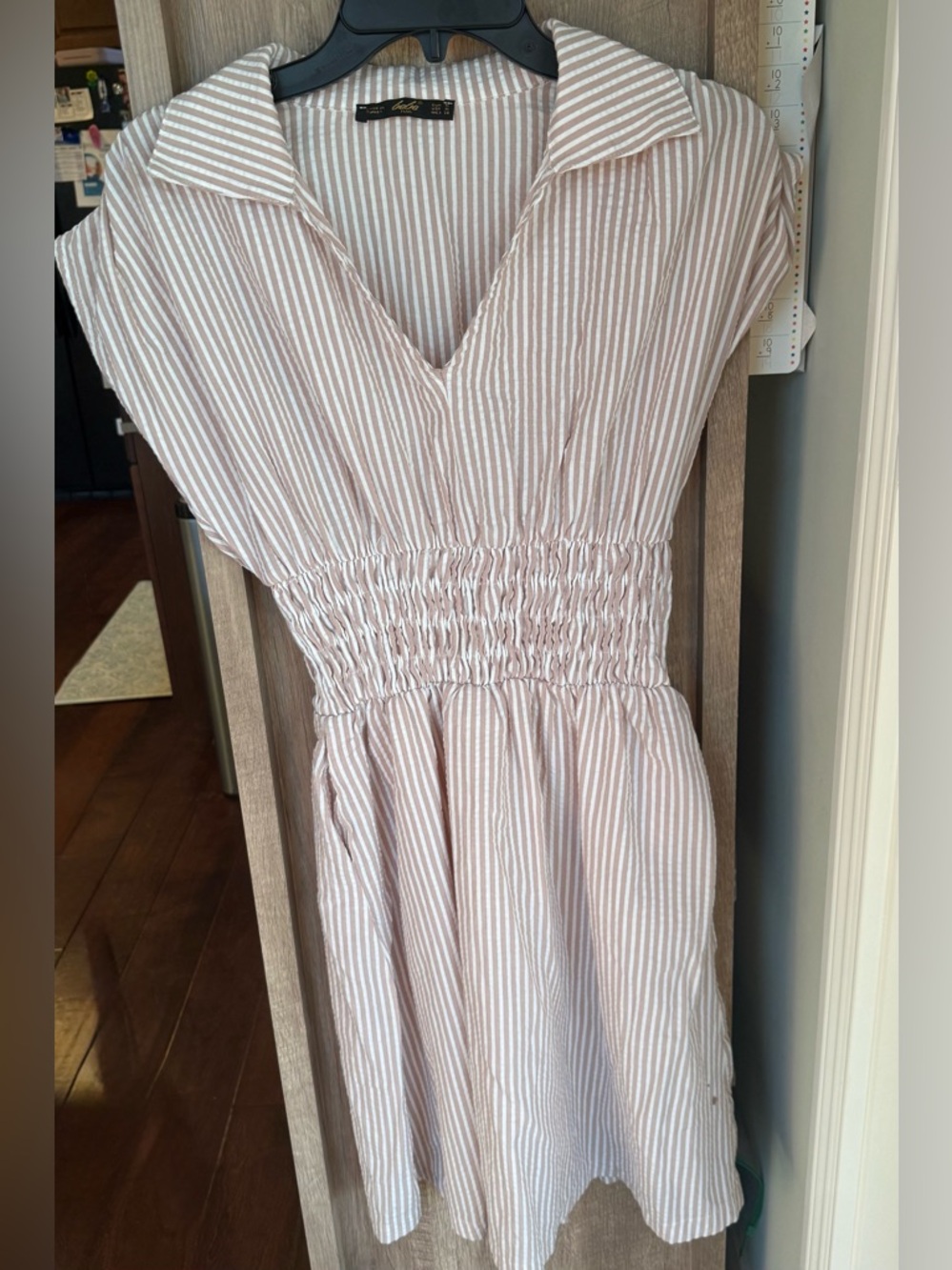 bebe Striped V-Neck Dress in Beige & White, size medium